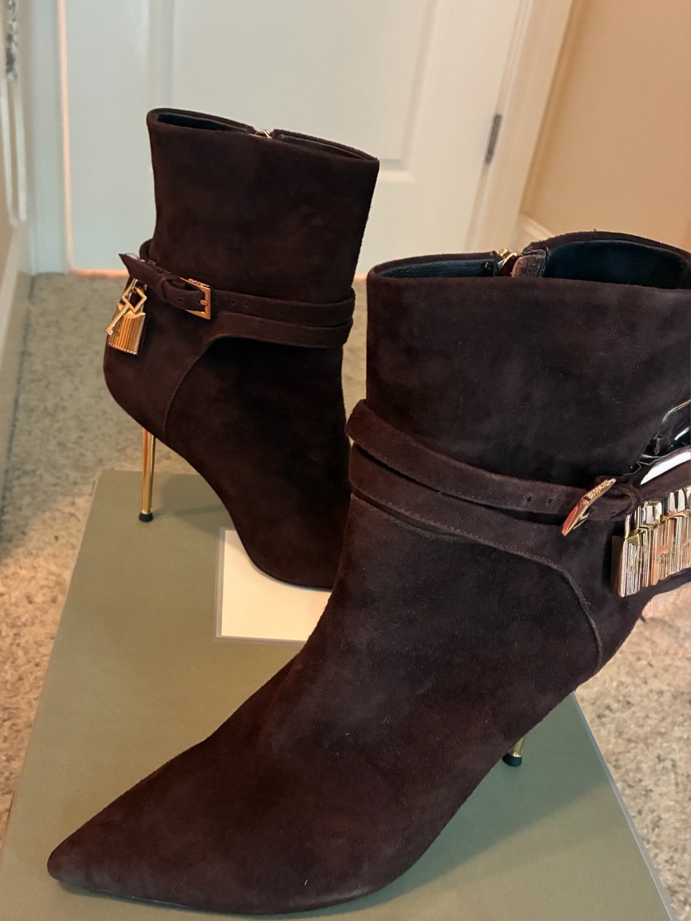 Tom Ford Dark Brown Suede Pointed Ankle Boot with Gold Stiletto Heel - Picture 3 of 11